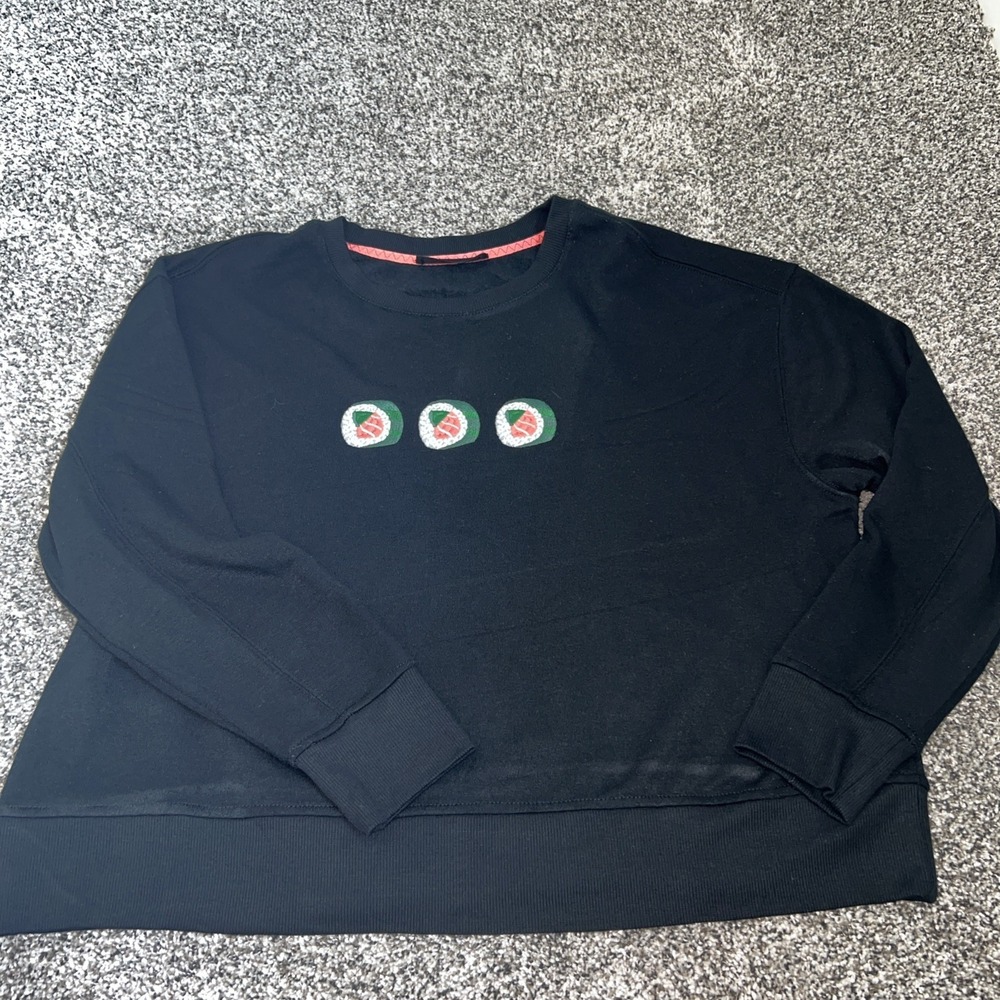 NWT Large Women's Sushi Embroidered Black Crew Neck Pullover Jane & Delancey
